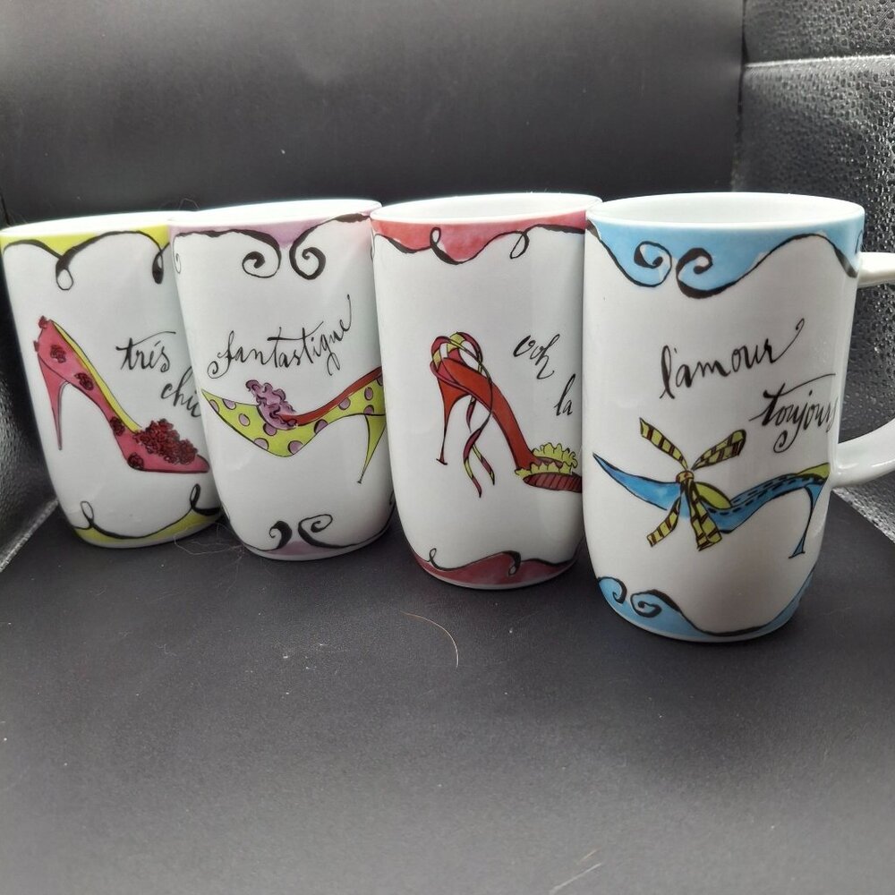 Rosanna Set Of 4 High Heel Shoe Design Coffee Mugs French Inspired Sayings